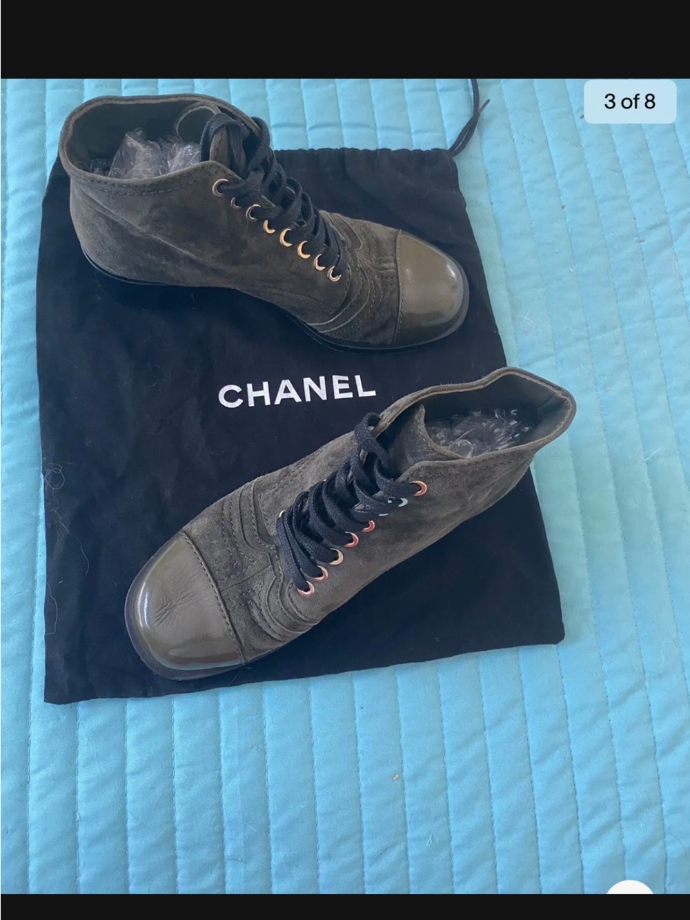 CHANEL Olive Green Suede & Patent Cap-Toe High-Top Sneakers